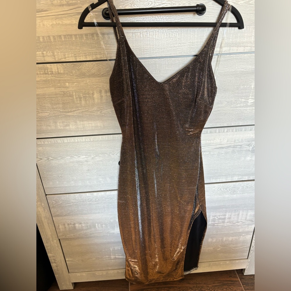 Shimmery Brown Slip Dress with Side Slit